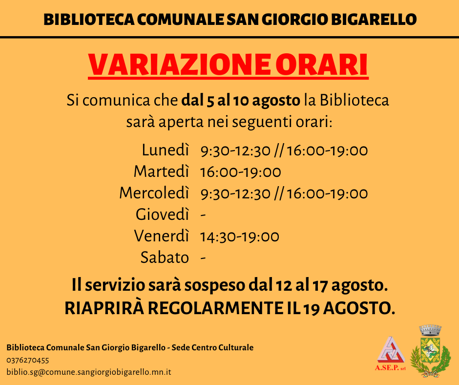 Variazione orari Biblioteca Comunale Sede Centro Culturale dal 05 al 17 agosto 2024 