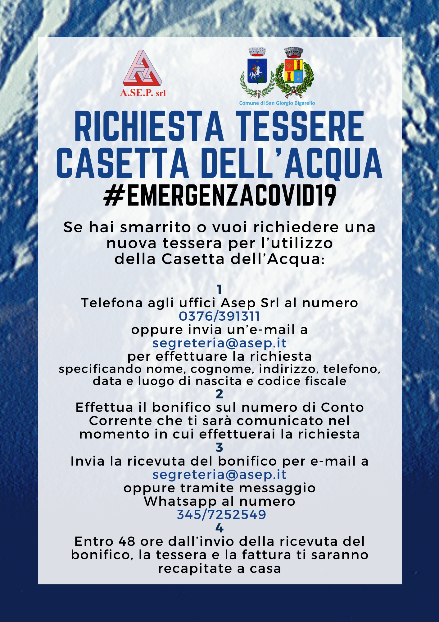 Emergenza Coronavirus: Modalità richiesta tessera Casetta dell’Acqua