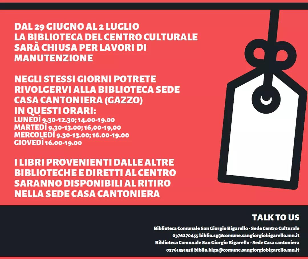Biblioteche comunali: nuove disposizioni dal 15/06 e chiusura della sede presso Centro Culturale per lavori