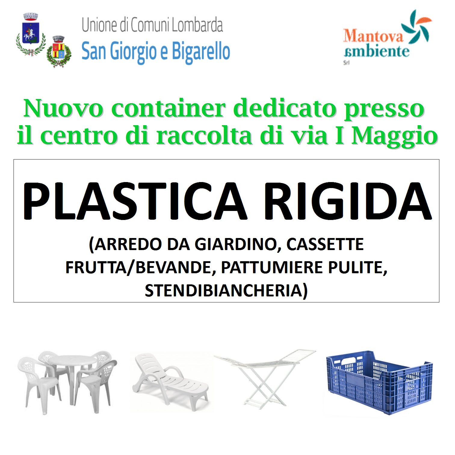 Nuovo servizio di raccolta plastiche rigide presso il centro di raccolta di via I maggio