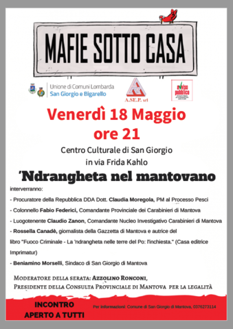 Il 18 maggio evento "Mafie sotto casa" al Centro culturale di San Giorgio