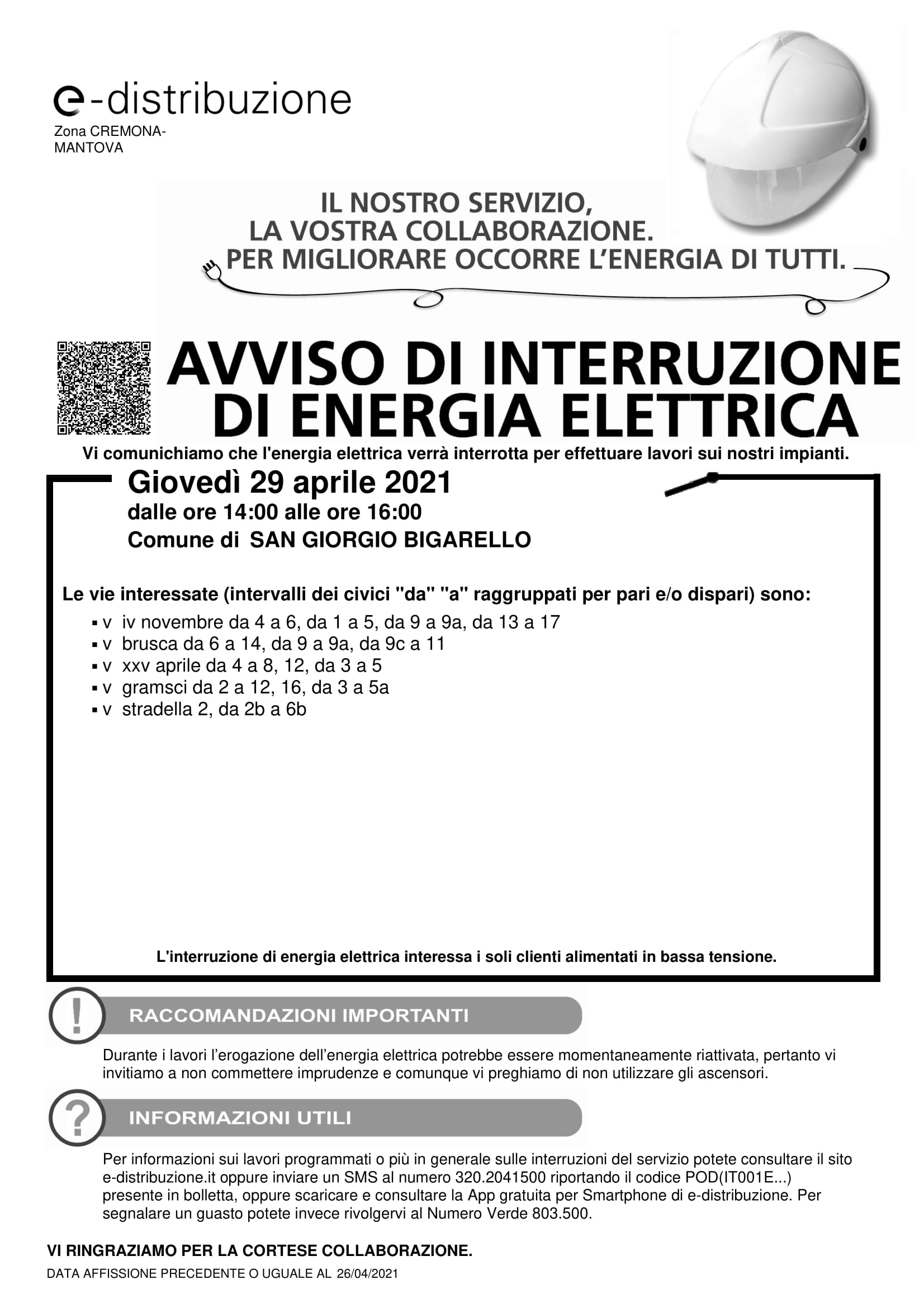 Interruzione Energia Elettrica - Loc. Stradella