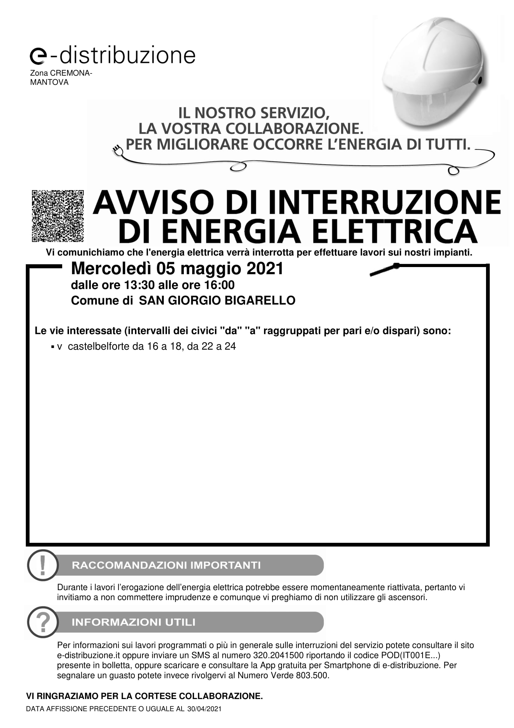 Interruzione Energia Elettrica - via Castelbelforte