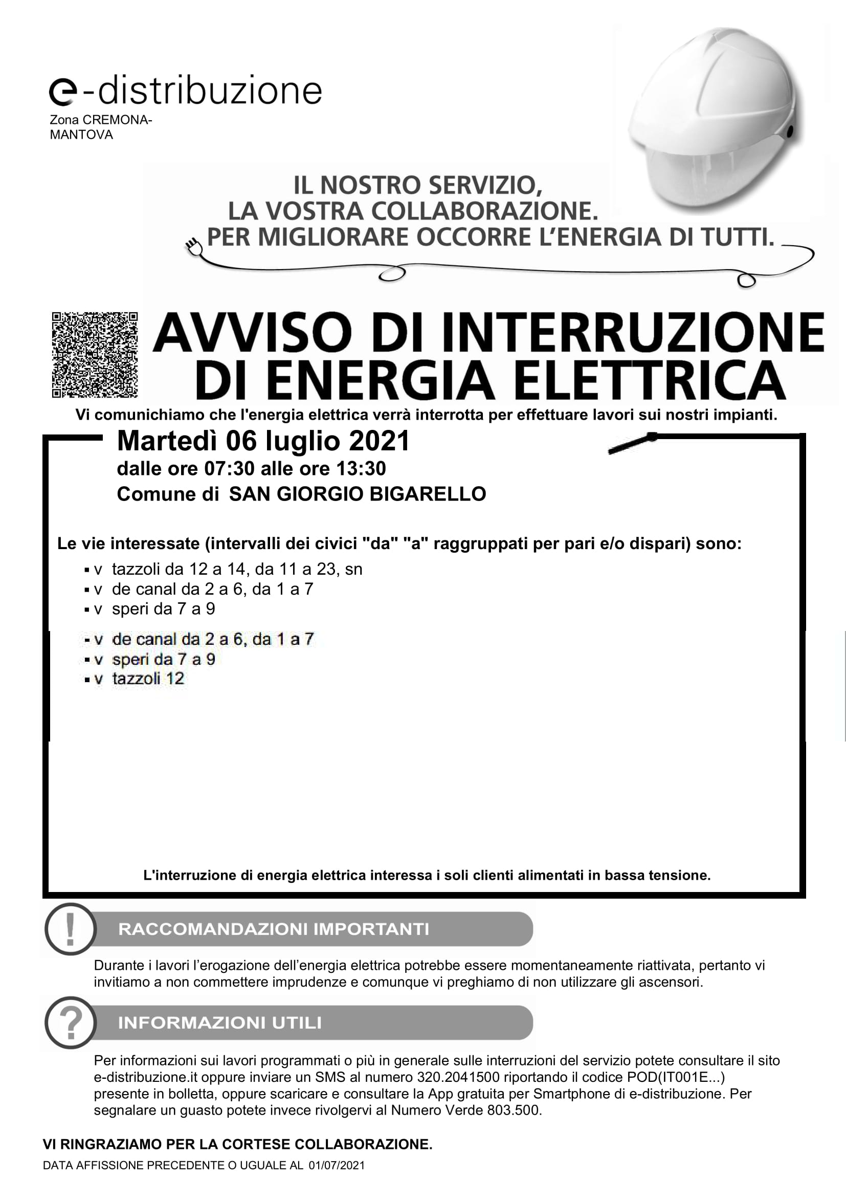 Interruzione di energia elettrica in via Tazzoli e zone limitrofe